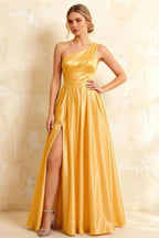 Jacqueline Yellow Satin A-line One Shoulder Maxi Dress
