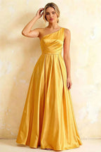 Jacqueline Yellow Satin A-line One Shoulder Maxi Dress