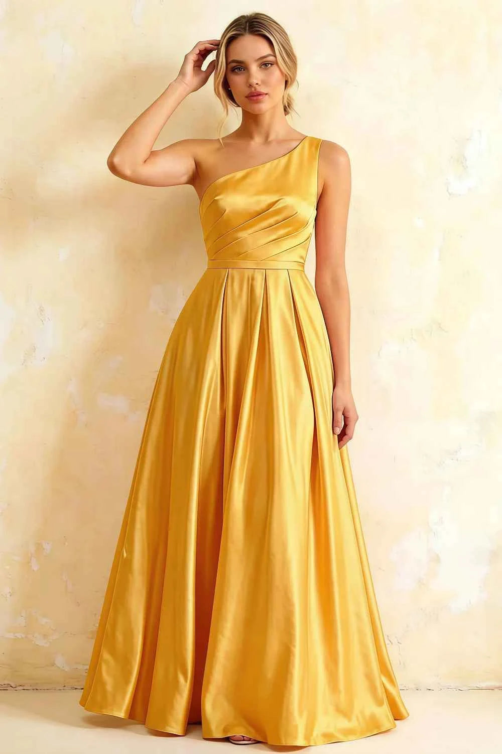 Jacqueline Yellow Satin A-line One Shoulder Maxi Dress
