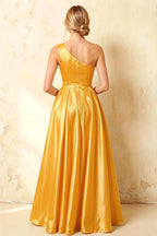 Jacqueline Yellow Satin A-line One Shoulder Maxi Dress