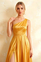 Jacqueline Yellow Satin A-line One Shoulder Maxi Dress