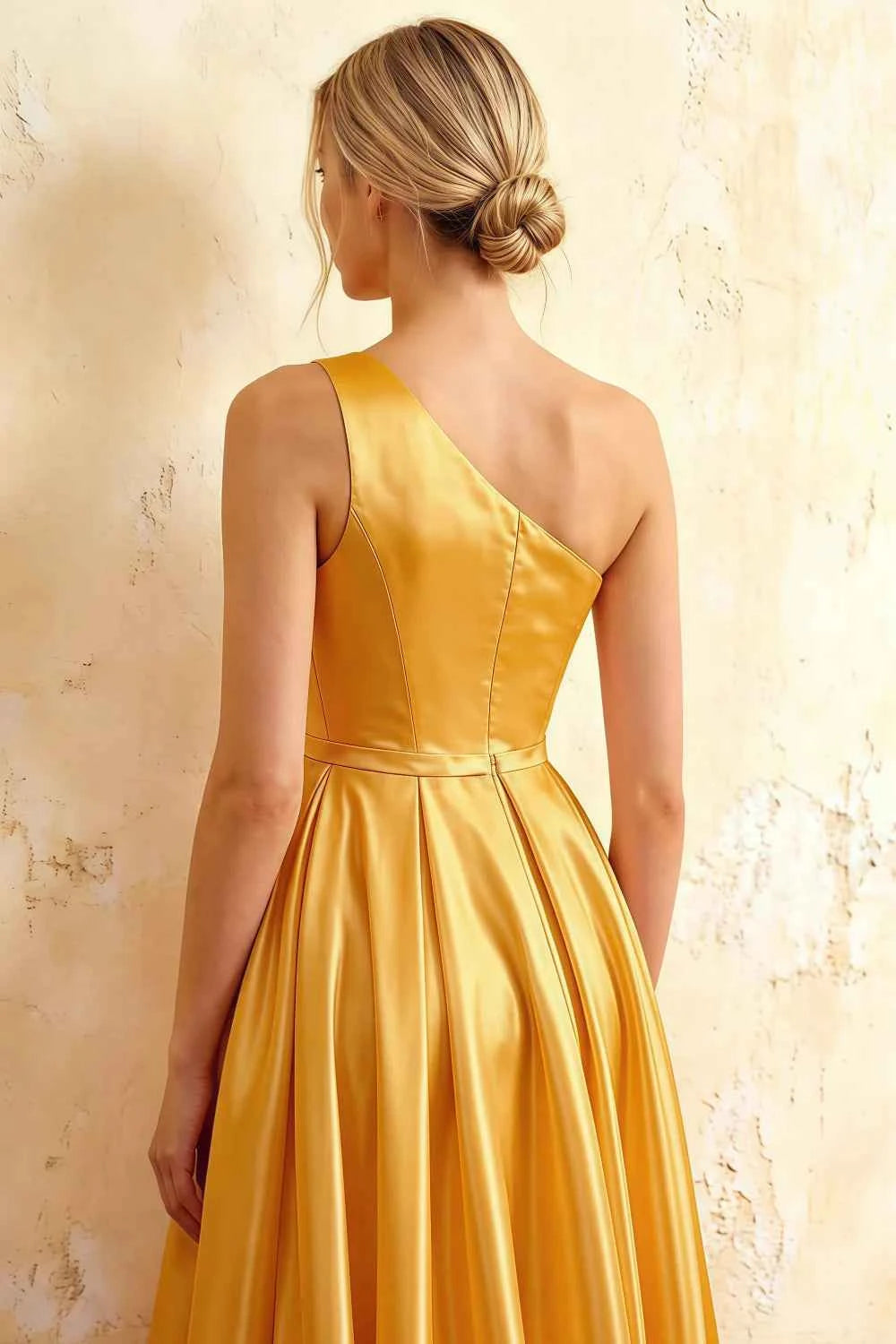 Jacqueline Yellow Satin A-line One Shoulder Maxi Dress