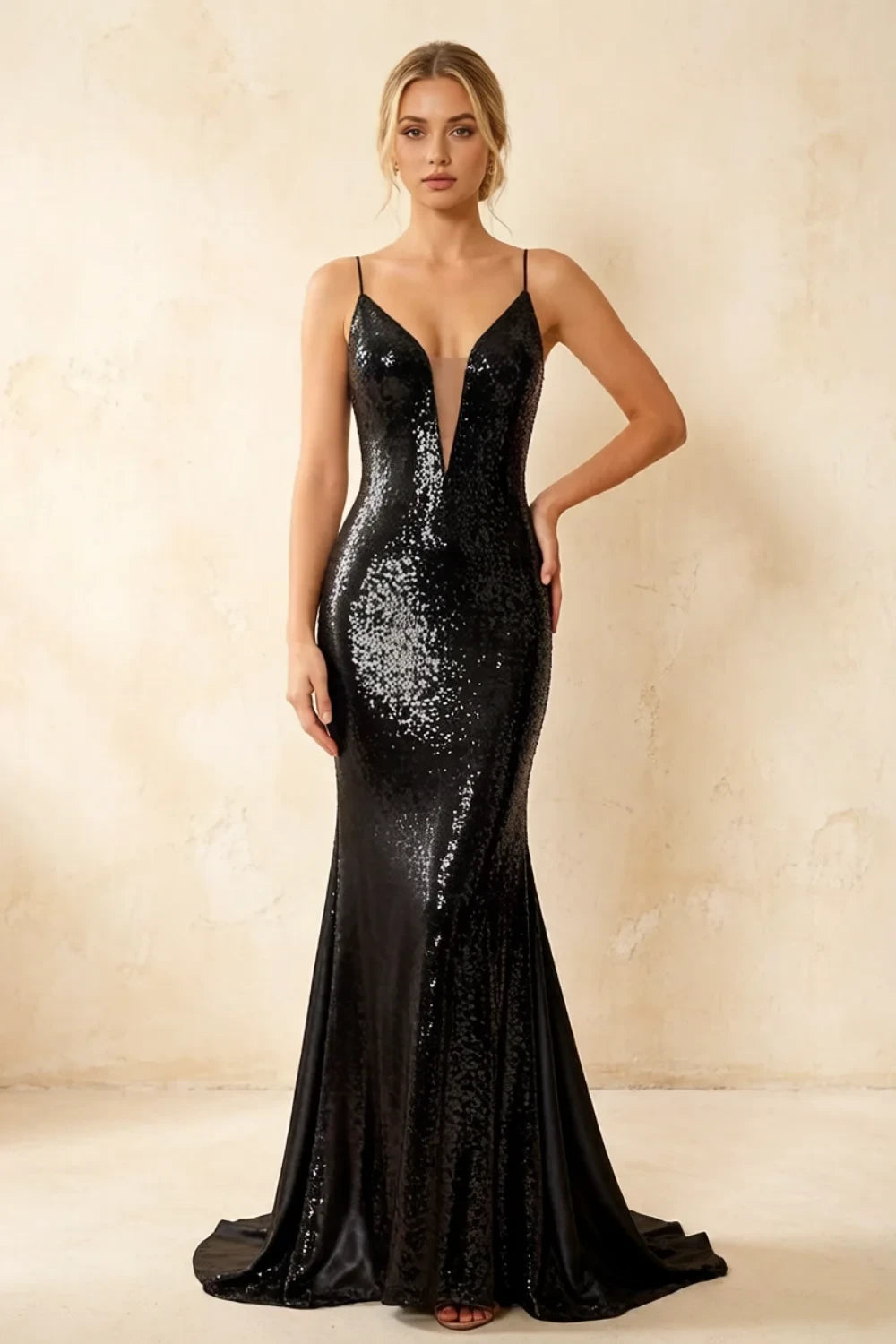 Jade Sparkly Black Sequin Mermaid V-neck Maxi Dress