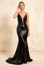 Jade Sparkly Black Sequin Mermaid V-neck Maxi Dress