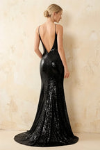 Jade Sparkly Black Sequin Mermaid V-neck Maxi Dress