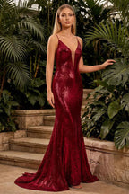 Jade Sparkly Burgundy Sequin Mermaid V-neck Maxi Dress