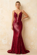 Jade Sparkly Burgundy Sequin Mermaid V-neck Maxi Dress