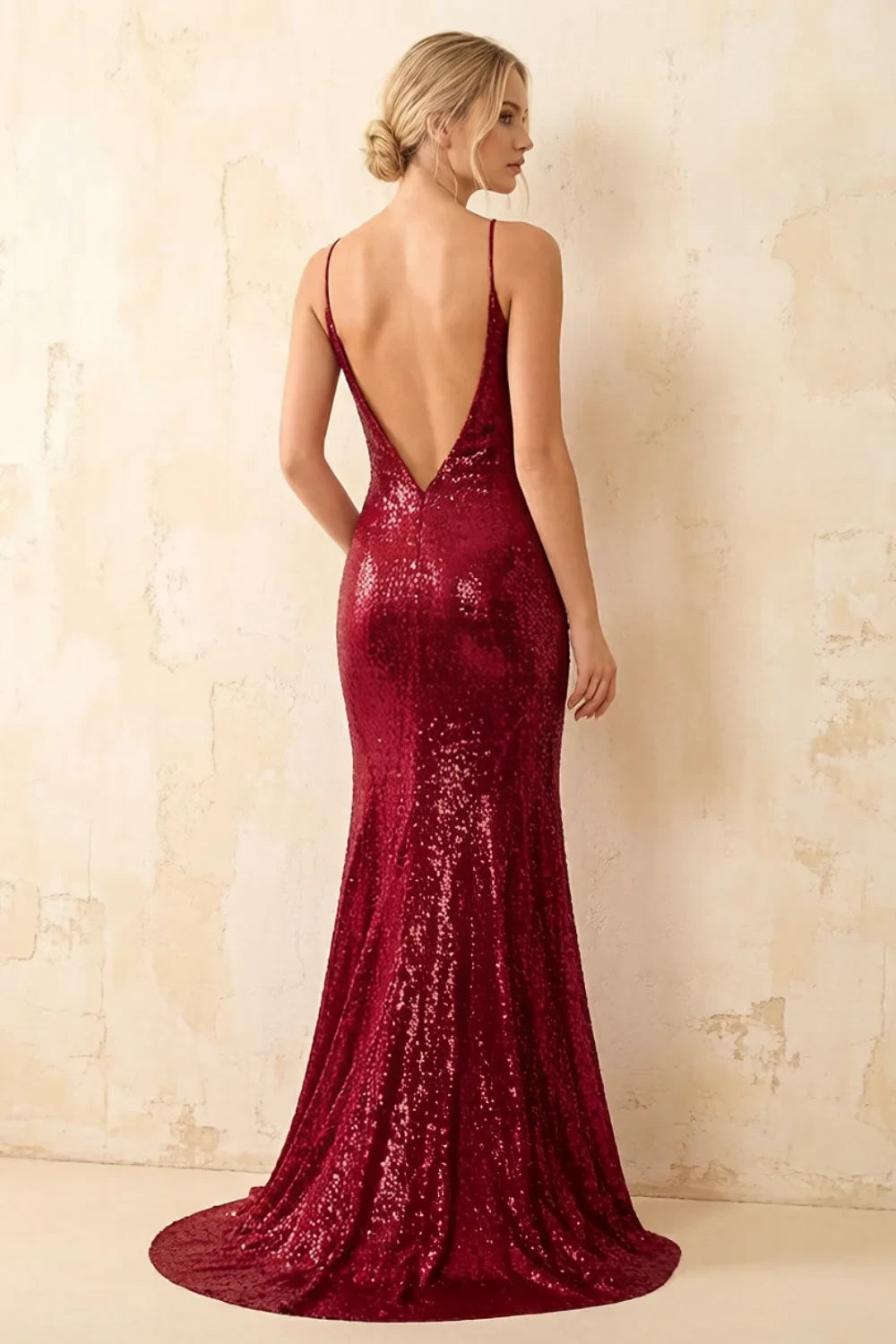 Jade Sparkly Burgundy Sequin Mermaid V-neck Maxi Dress