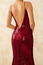 Jade Sparkly Burgundy Sequin Mermaid V-neck Maxi Dress