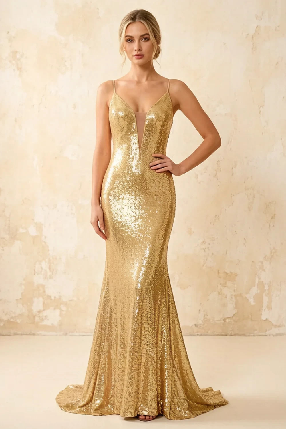 Jade Sparkly Champagne Sequin Mermaid V-neck Maxi Dress