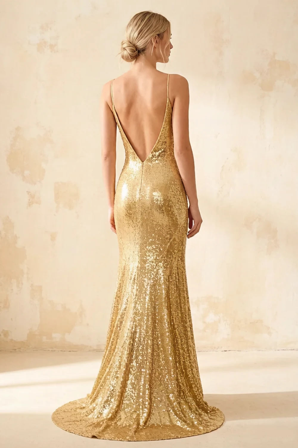 Jade Sparkly Champagne Sequin Mermaid V-neck Maxi Dress