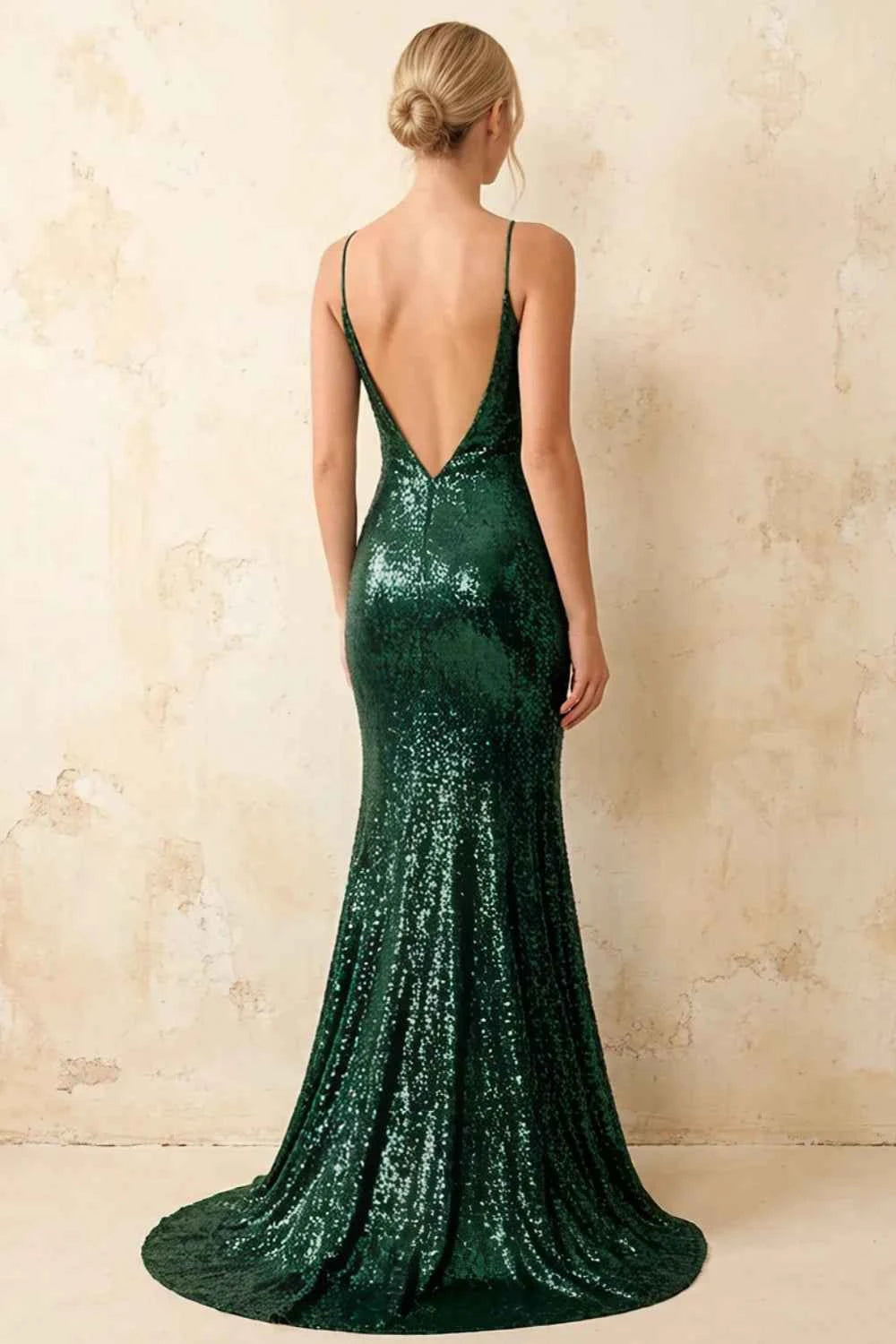 Jade Sparkly Emerald Green Sequin Mermaid V-neck Maxi Dress