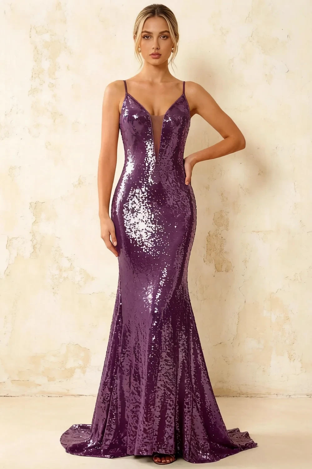 Jade Sparkly Grape Sequin Mermaid V-neck Maxi Dress