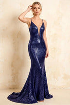 Jade Sparkly Navy Blue Sequin Mermaid V-neck Maxi Dress