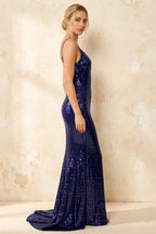 Jade Sparkly Navy Blue Sequin Mermaid V-neck Maxi Dress