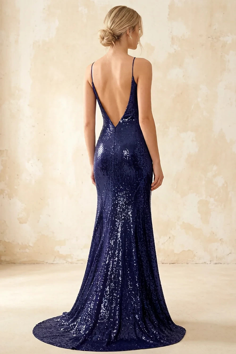 Jade Sparkly Navy Blue Sequin Mermaid V-neck Maxi Dress