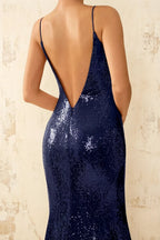 Jade Sparkly Navy Blue Sequin Mermaid V-neck Maxi Dress