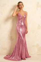 Jade Sparkly Pink Sequin Mermaid V-neck Maxi Dress