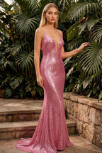 Jade Sparkly Pink Sequin Mermaid V-neck Maxi Dress