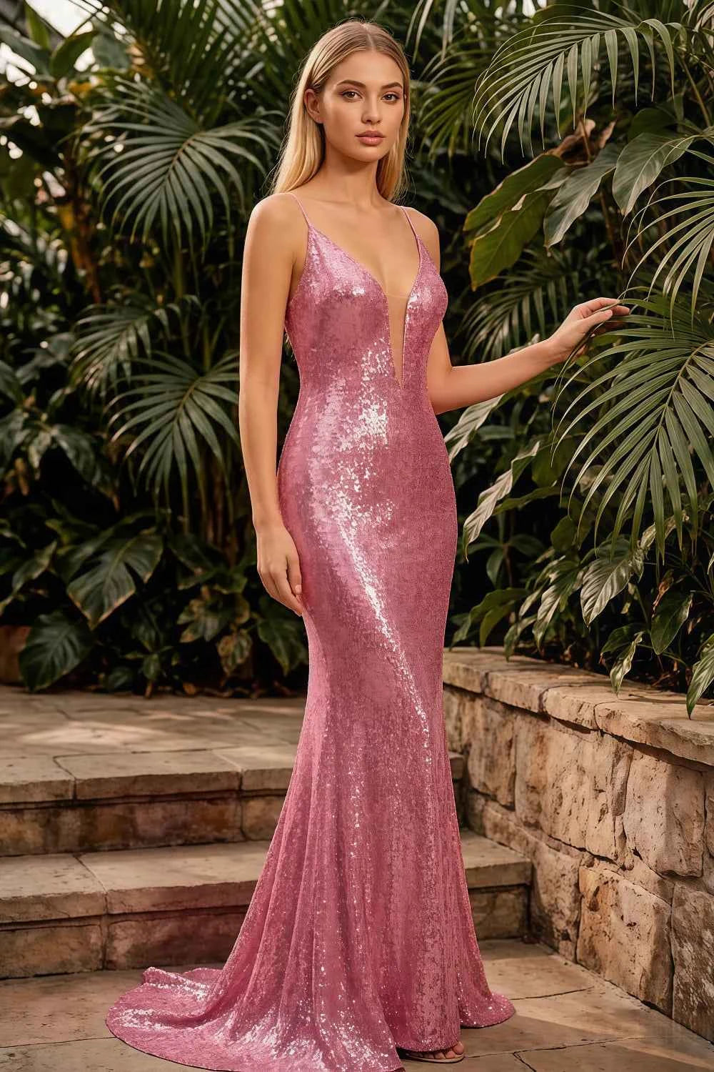 Jade Sparkly Pink Sequin Mermaid V-neck Maxi Dress