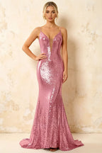 Jade Sparkly Pink Sequin Mermaid V-neck Maxi Dress