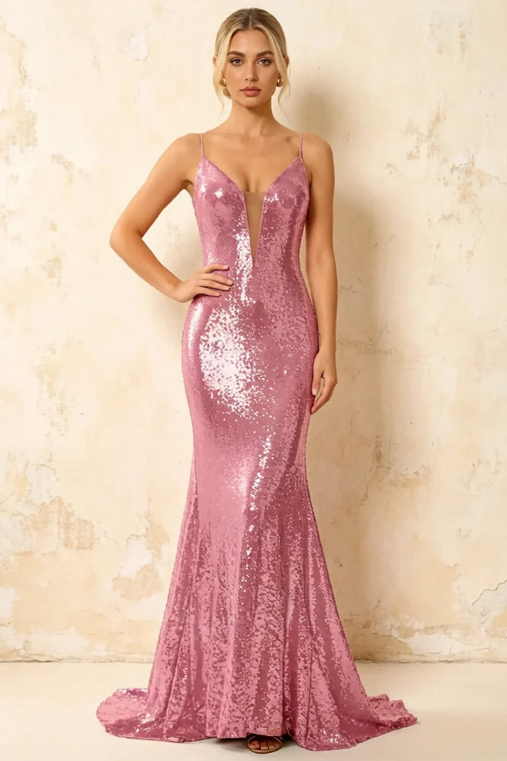 Jade Sparkly Pink Sequin Mermaid V-neck Maxi Dress