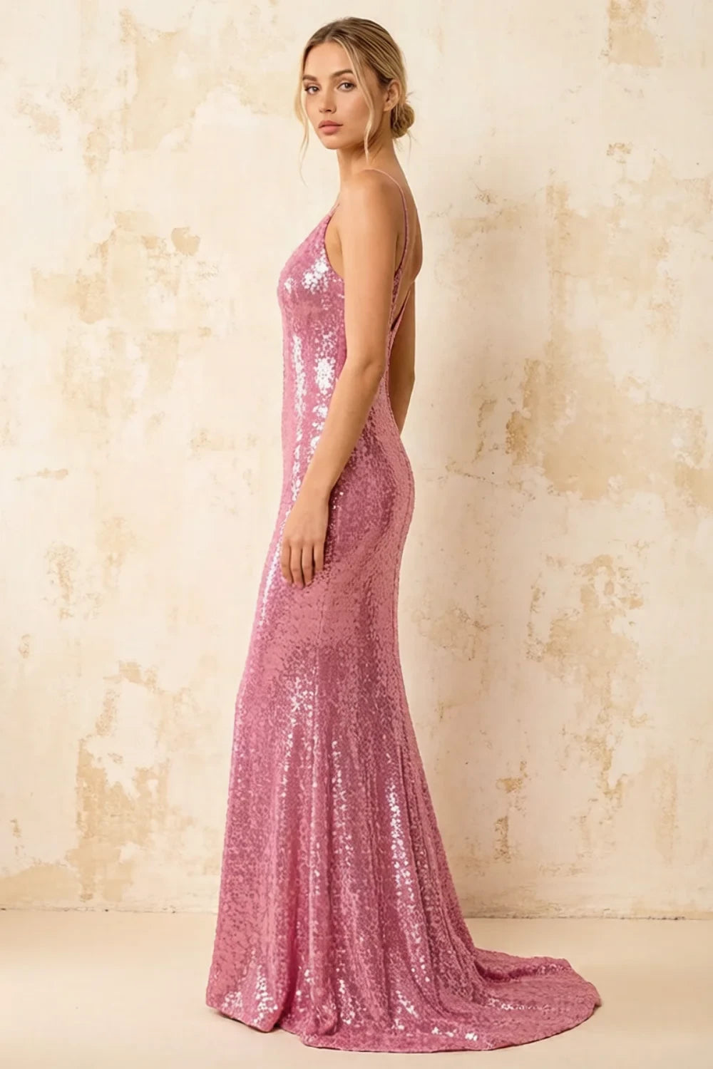 Jade Sparkly Pink Sequin Mermaid V-neck Maxi Dress