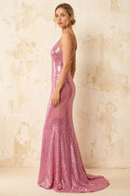 Jade Sparkly Pink Sequin Mermaid V-neck Maxi Dress