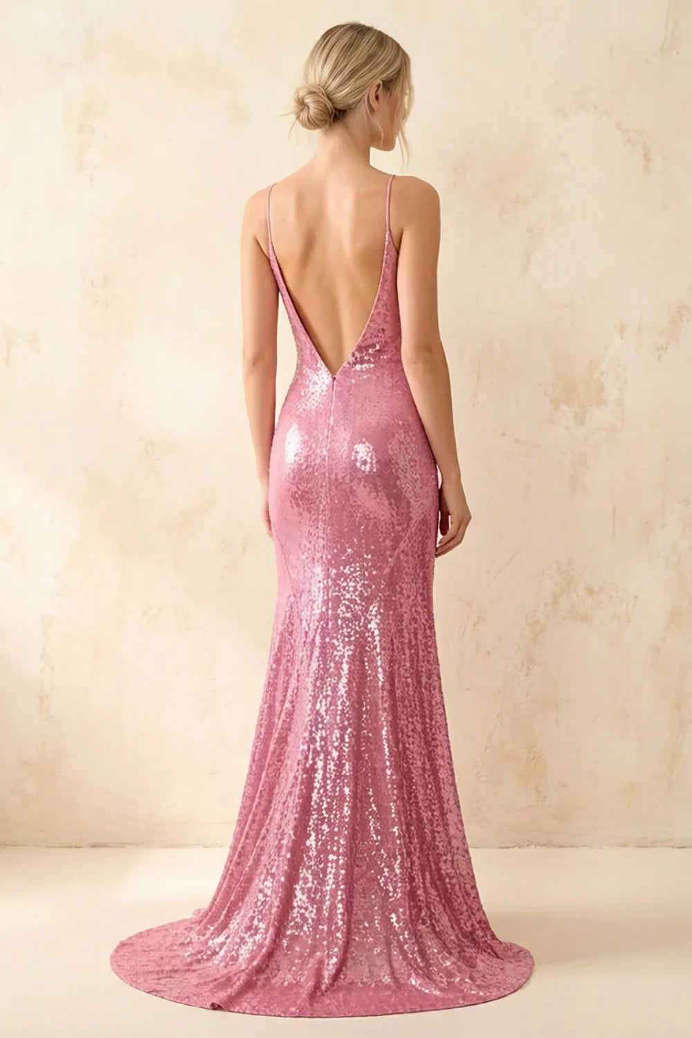 Jade Sparkly Pink Sequin Mermaid V-neck Maxi Dress