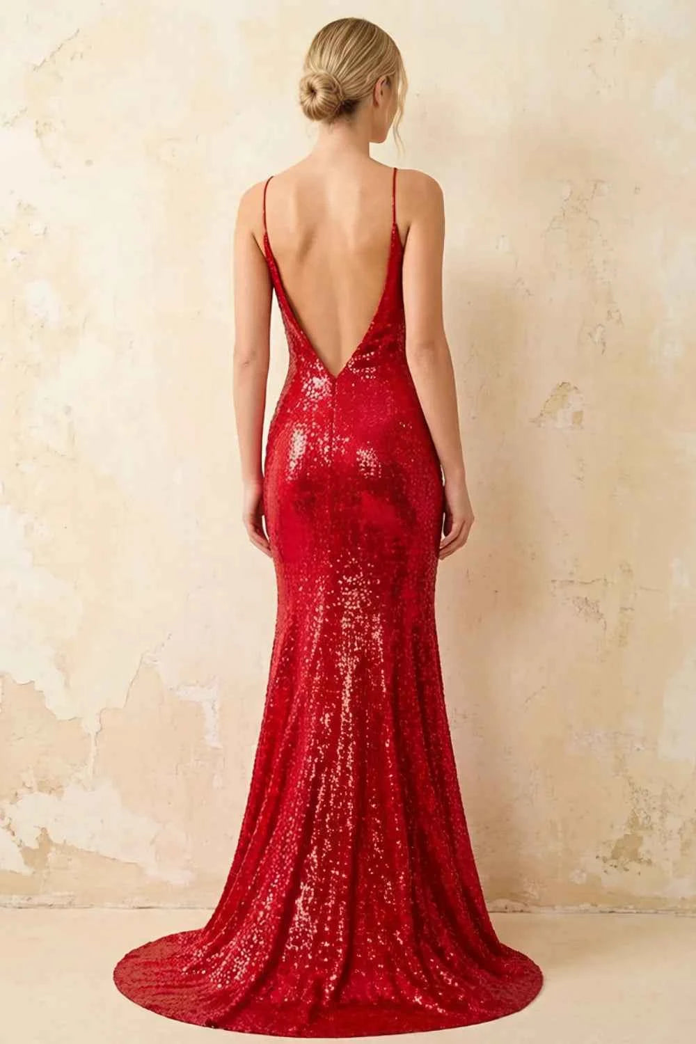 Jade Sparkly Red Sequin Mermaid V-neck Maxi Dress