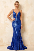 Jade Sparkly Royal Blue Sequin Mermaid V-neck Maxi Dress