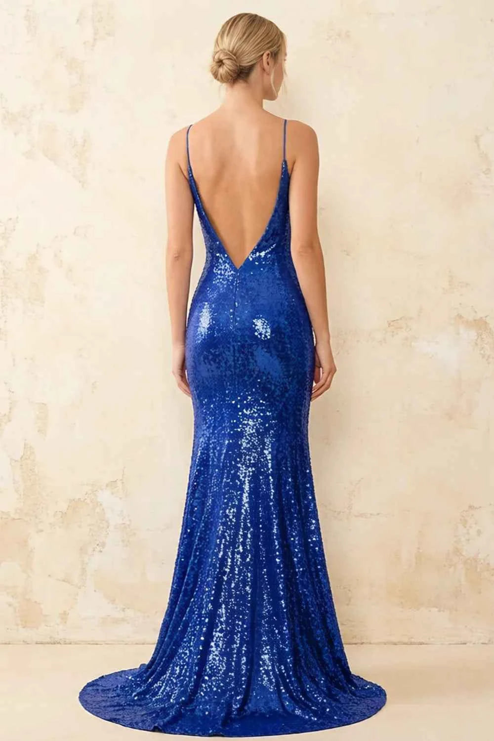Jade Sparkly Royal Blue Sequin Mermaid V-neck Maxi Dress