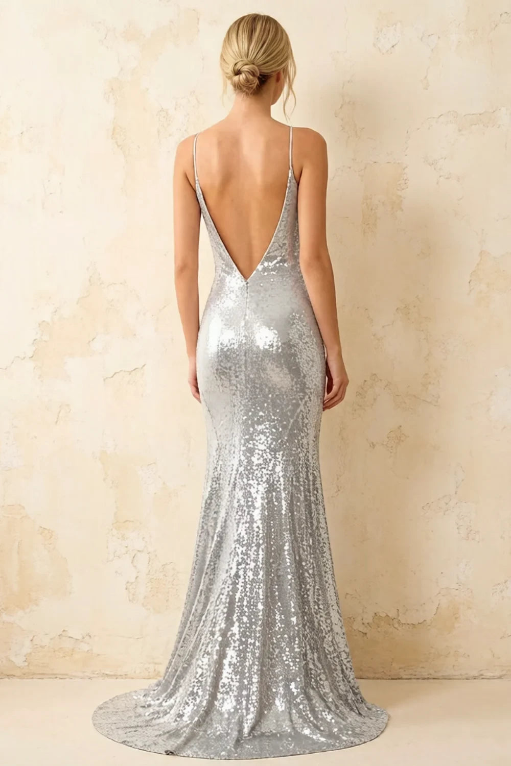 Jade Sparkly Silver Sequin Mermaid V-neck Maxi Dress