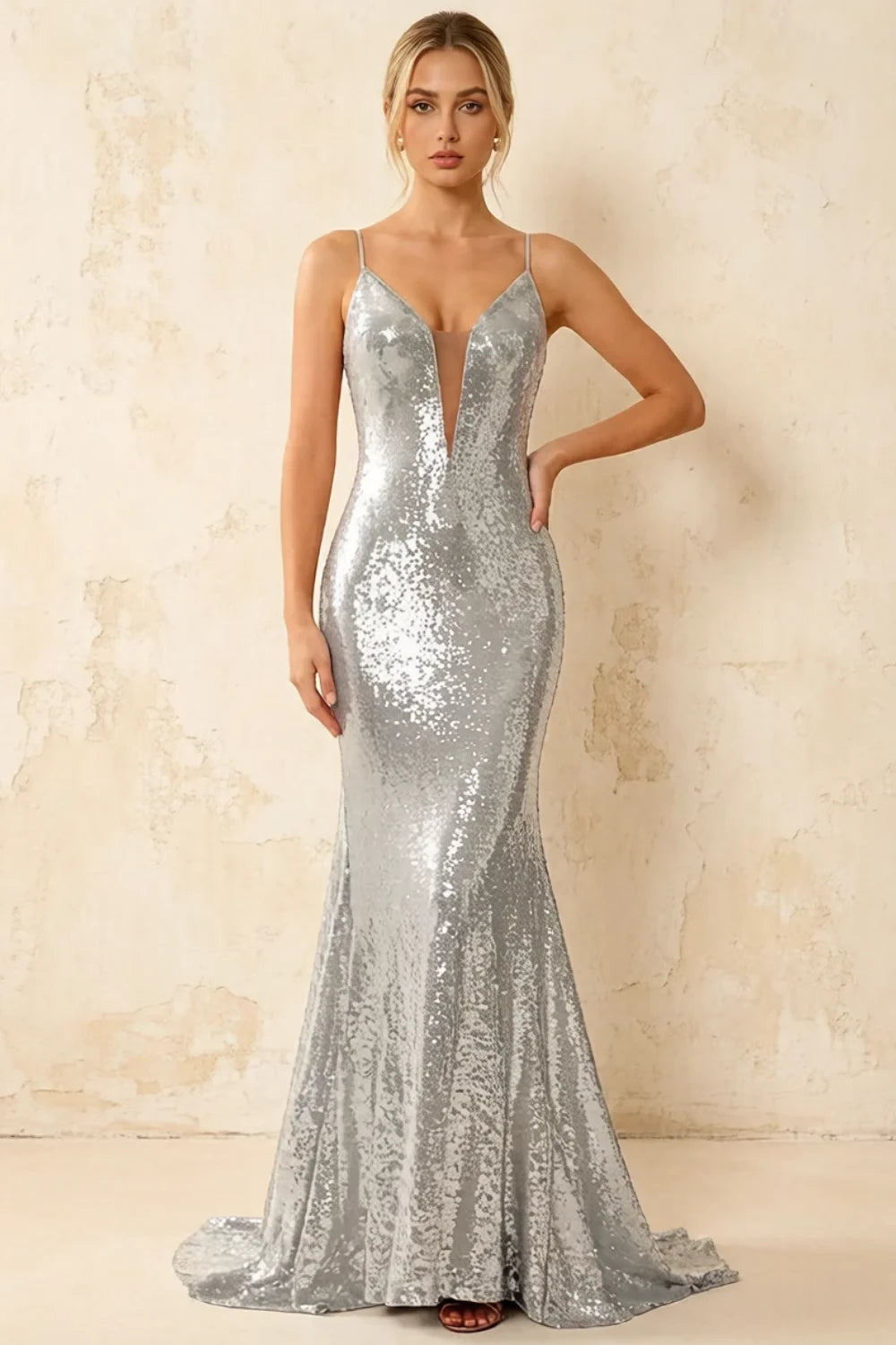 Jade Sparkly Silver Sequin Mermaid V-neck Maxi Dress