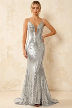 Jade Sparkly Silver Sequin Mermaid V-neck Maxi Dress