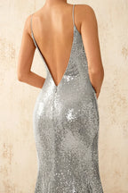 Jade Sparkly Silver Sequin Mermaid V-neck Maxi Dress