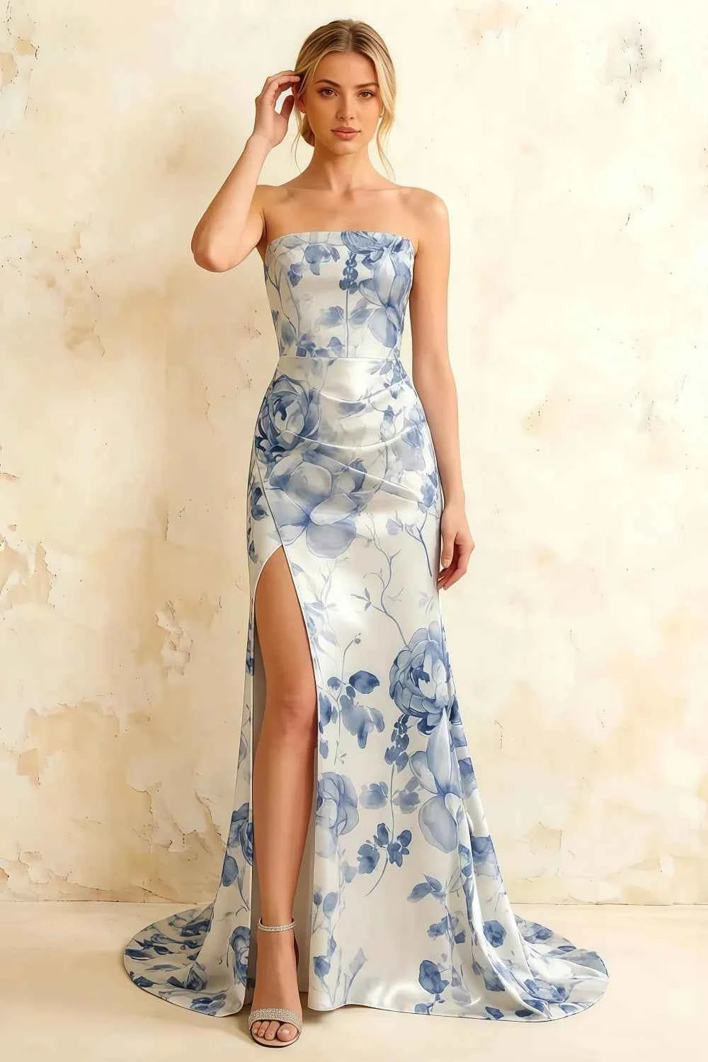 Jamie Blue and White Floral Strapless Corset Maxi Dress