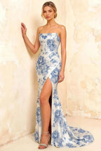 Jamie Blue and White Floral Strapless Corset Maxi Dress