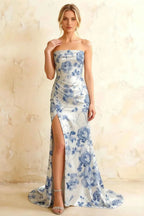 Jamie Blue and White Floral Strapless Corset Maxi Dress