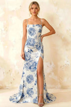 Jamie Blue and White Floral Strapless Corset Maxi Dress