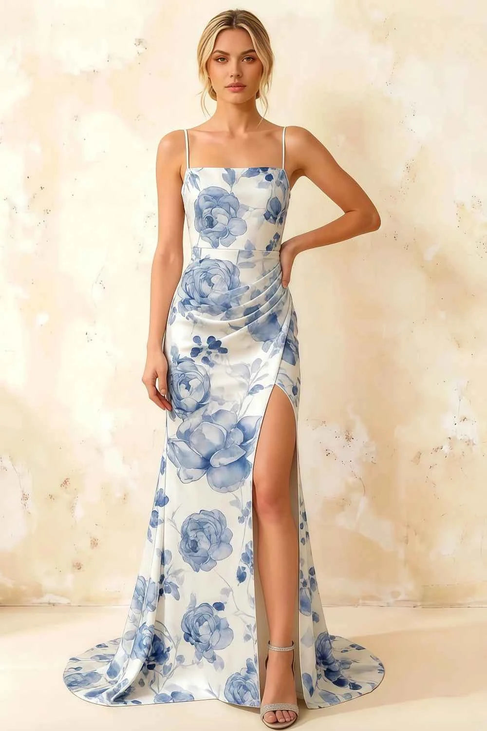 Jamie Blue and White Floral Strapless Corset Maxi Dress