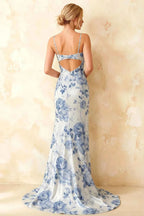 Jamie Blue and White Floral Strapless Corset Maxi Dress