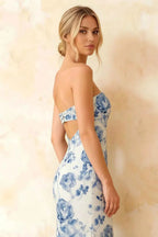 Jamie Blue and White Floral Strapless Corset Maxi Dress