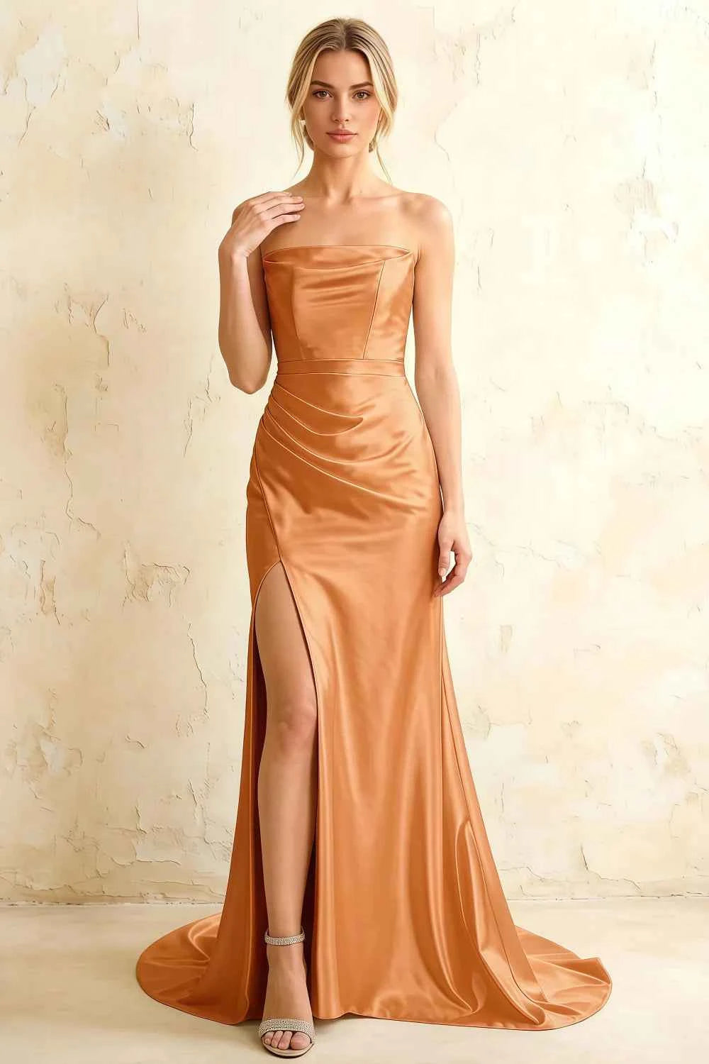 Jamie Bronze Satin Strapless Corset Maxi Dress