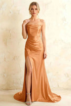 Jamie Bronze Satin Strapless Corset Maxi Dress