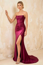 Jamie Burgundy Satin Strapless Corset Maxi Dress