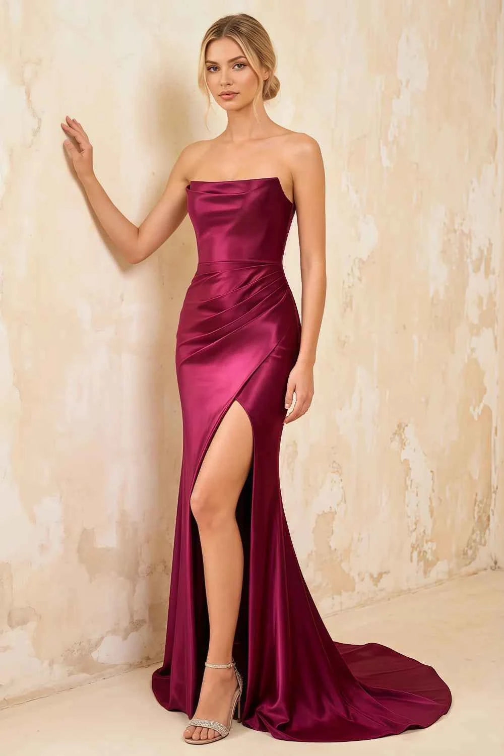 Jamie Burgundy Satin Strapless Corset Maxi Dress