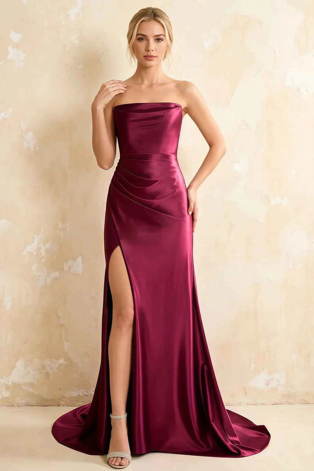 Jamie Burgundy Satin Strapless Corset Maxi Dress
