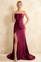 Jamie Burgundy Satin Strapless Corset Maxi Dress