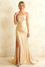 Jamie Champagne Satin Strapless Corset Maxi Dress